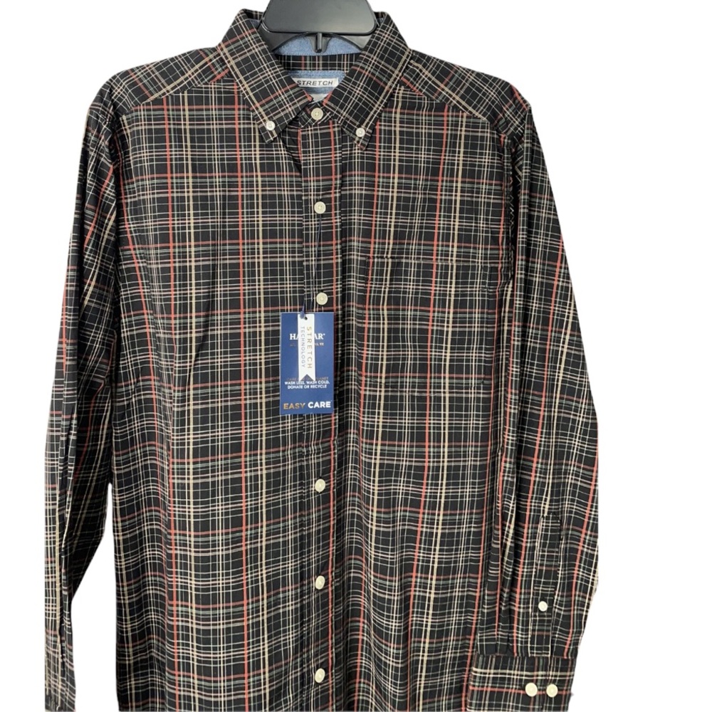 NWT S Haggar Button Down Shirt Men’s Black Plaid‎
